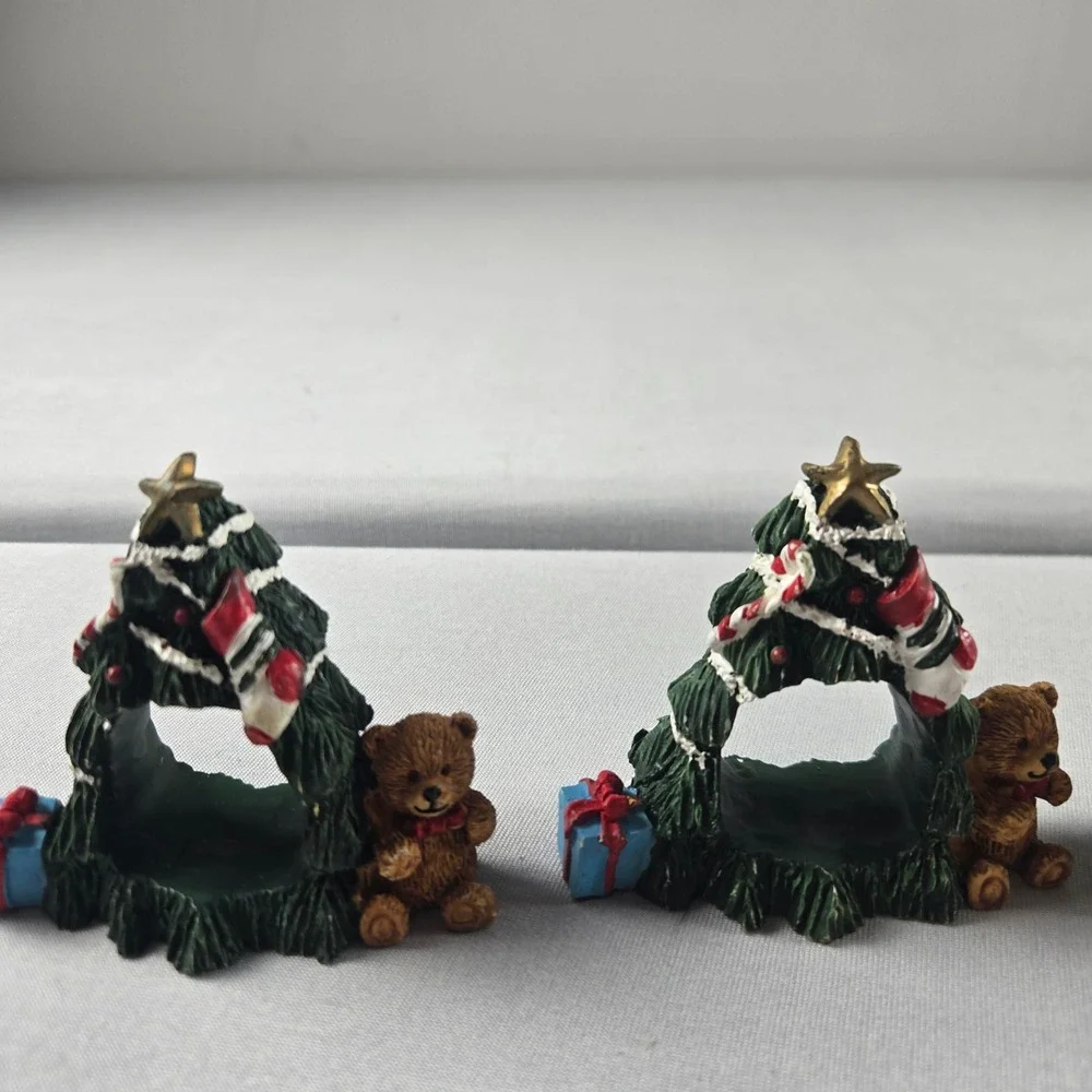 Vintage Christmas Tree Teddy Bear Napkin Rings Set of 8 Holiday Table Decor